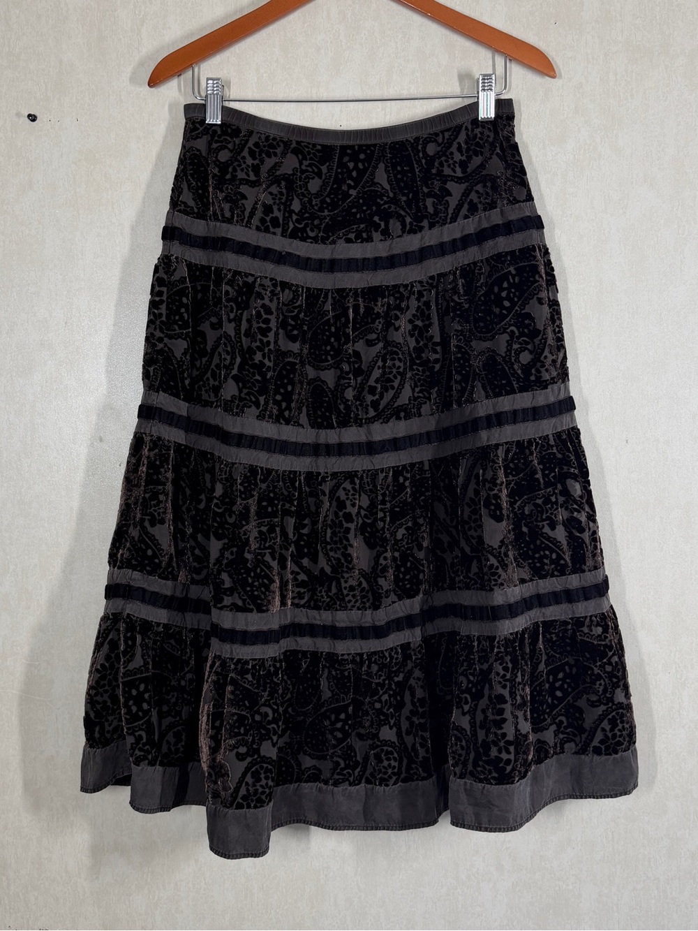 Garnet Hill Black Velvet Burnout Tiered Midi Skirt with Gray Bands - Picture 2 of 12